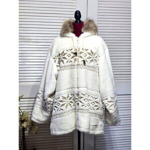 Cabelas Womens Cream Nordic Snowflake Fur Trim Fleece Hooded Jacket Size XL 3163